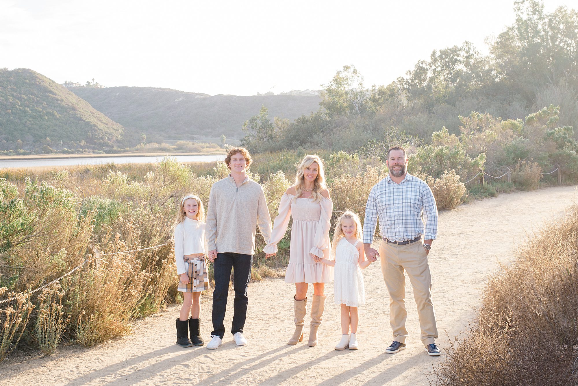 family of 5 during Carlsbad, California Sunset Family Session 
