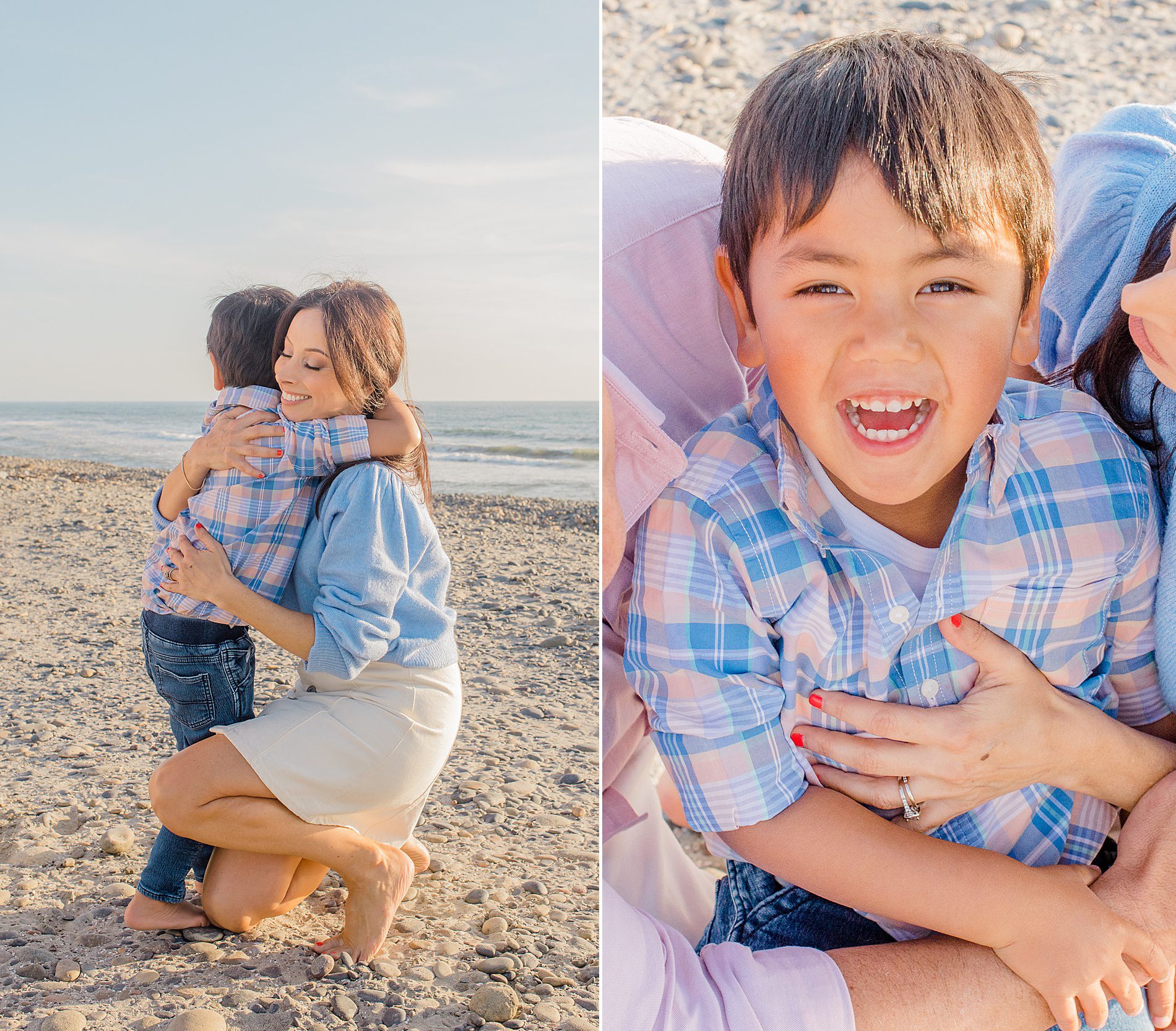 mom hugs her son the beach during Coastal Family Portraits in Carlsbad California 