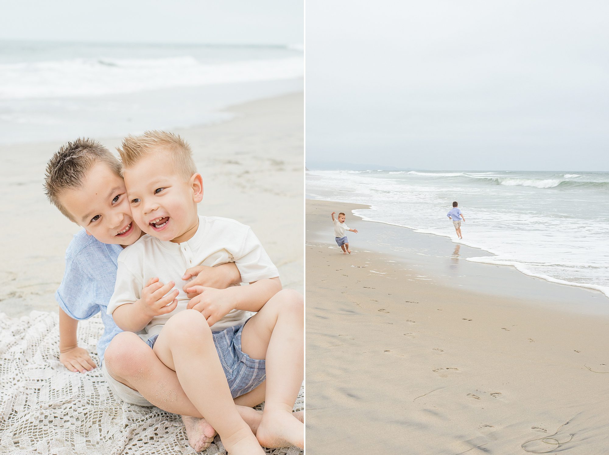 siblings hug as they sit together in the sand during San Diego Family Beach Session