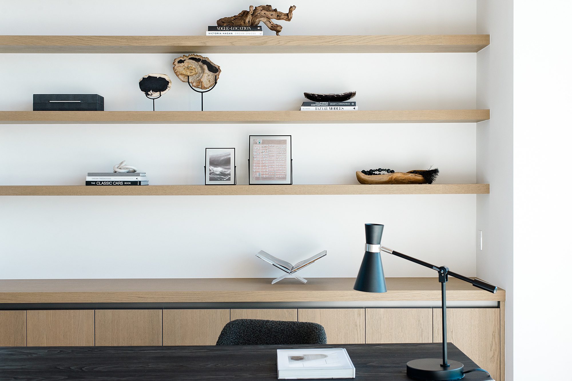 floating shelves inside new construction estate by Ruta Designs